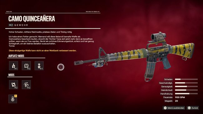 Das einzigartige Gewehr "Camo Quinceañera" gibt es als Belohnung für die Schatzsuche (Far Cry 6).