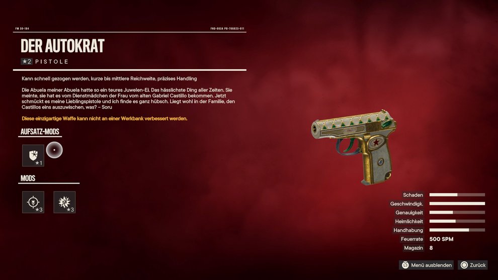 Aus der Waffenkiste bekommt ihr die einzigartige Pistole "Der Autokrat" (Far Cry 6).