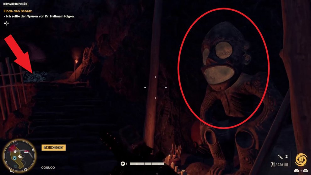 Präsentiert den Schädel als zweites der Statue rechts, um den Durchgang etwas weiter vorne zu öffnen (Far Cry 6).