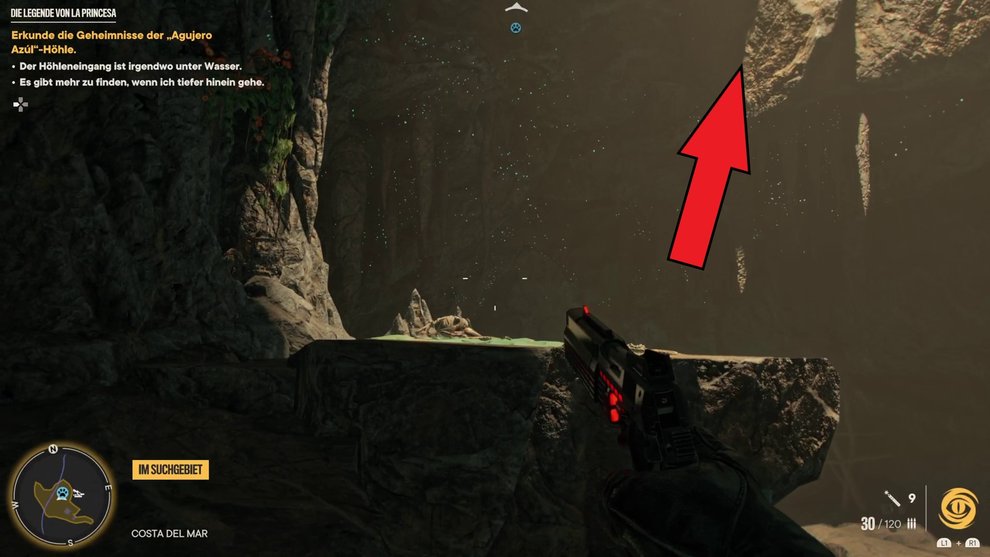 Schaut auf dem Plateau mit dem Skelett nach oben, um euren Kletterhaken einzusetzen (Far Cry 6).