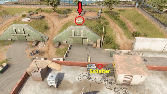 Drückt den Schalter und schießt durch die für kurz geöffnete Bunkertür, um den Sprengstoff hochzujagen, damit die Dachluke über dem Bunker geöffnet wird (Far Cry 6).