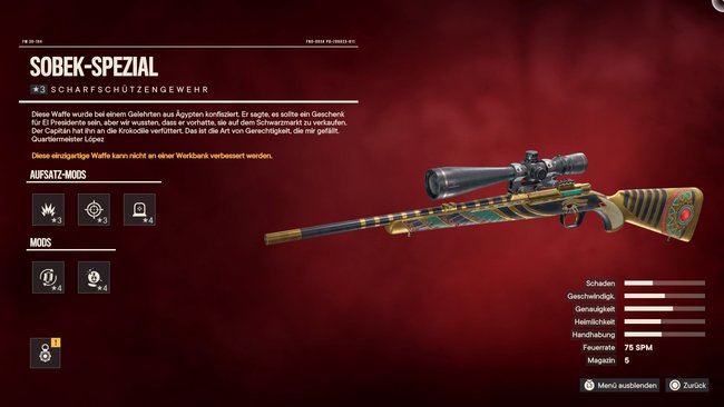 Das einzigartige Scharfschützengewehr "Sobek-Spezial" gibt es als Belohnung für die Schatzsuche (Far Cry 6).