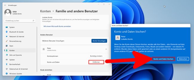 So löscht ihr lokale Benutzerkonten in Windows 11. Bild: GIGA