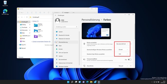 Windows 11 ist dunkel, aber die Fenster werden hell angezeigt. Bildquelle: GIGA