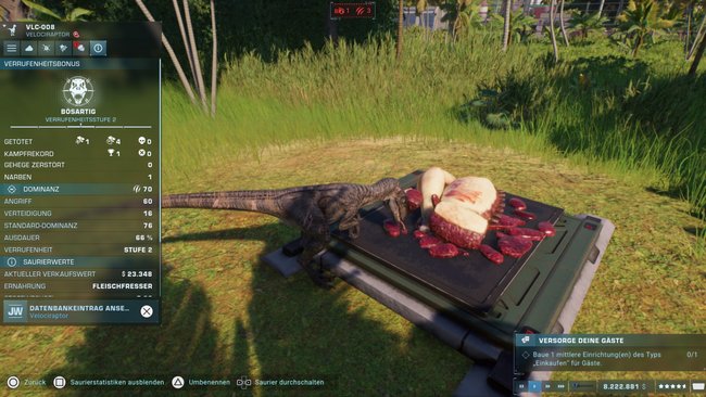 Kampfstatistik eines Raptors in Jurassic World Evolution 2