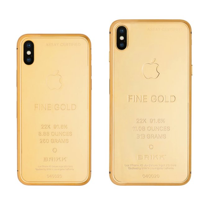 Ein Goldbarren mit iPhone-Technik verbaut. LUX iPhone XS und XS Max. Bild: Brikk