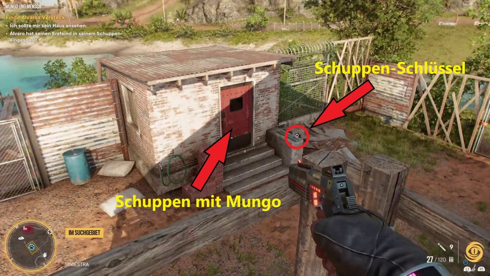 In the back yard you will find the key for the shed with the mongoose in it (Far Cry 6).