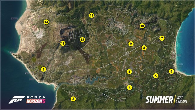 Karte mit allen Scheunen-Fundorten in Forza Horizon 5.