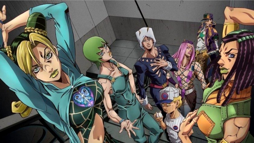 Zu sehen ist der Cast von JoJo's Bizarre Adventure: Stone Ocean