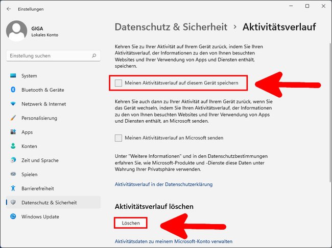 Hier deaktiviert und löscht ihr den Aktivitätsverlauf. Bild: GIGA