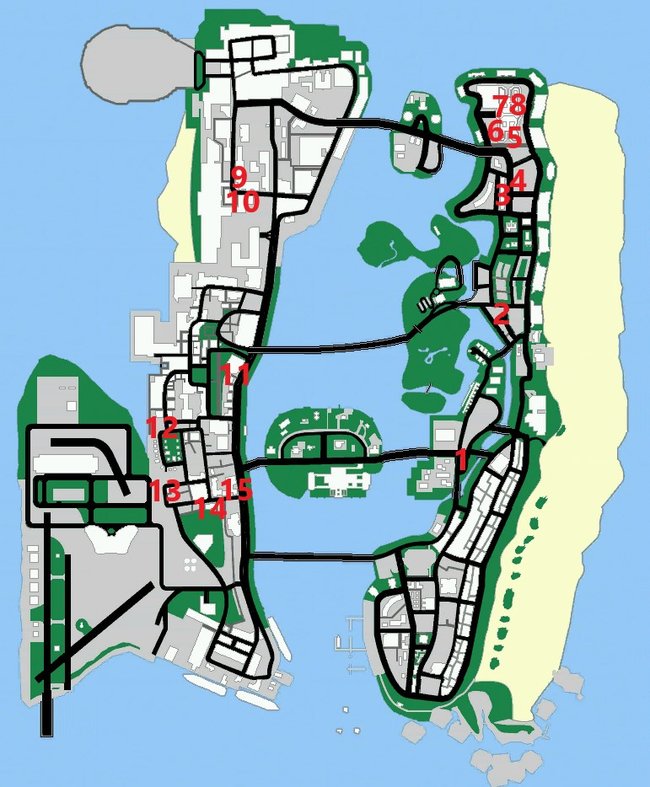 Fundorte aller 15 Läden (GTA Vice City).