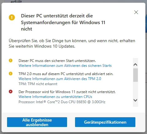 Screenshot: "Dieser PC unterstützt derzeit die Systemanforderungen für Windows 11 nicht"