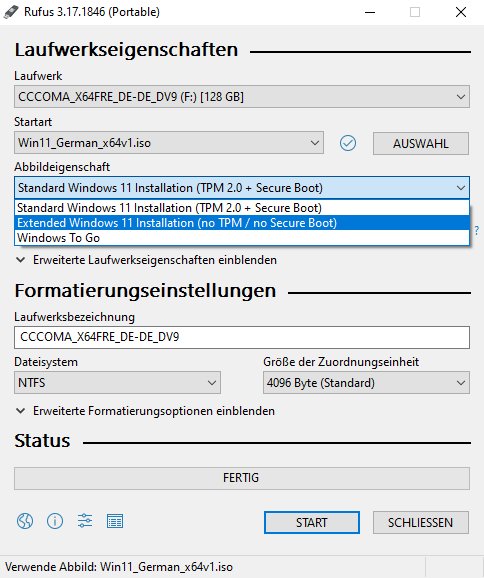 Screenshot von Rufus mit allen notwendigen Einstellungen