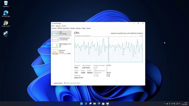 Screenshot aus Windows 11, der Task-Manager zeigt den aktuellen Prozessor, ein Core2Duo E6850. (Bild: GIGA)