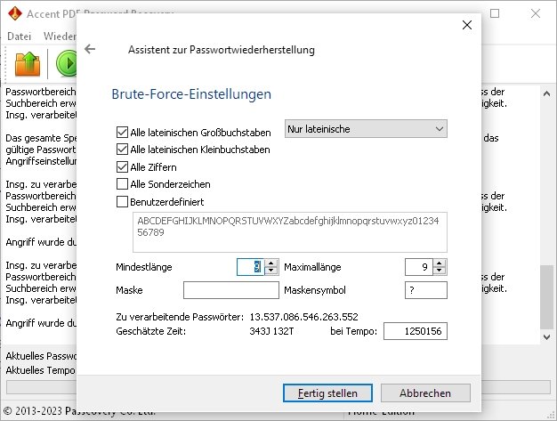 Screenshot des Programms Accent PDF Password Recovery, in dem die Passwortlänge und die Art der verwendeten Zeichen sowie die daraus geschätzte Zeit des Hackens angezeigt werden.