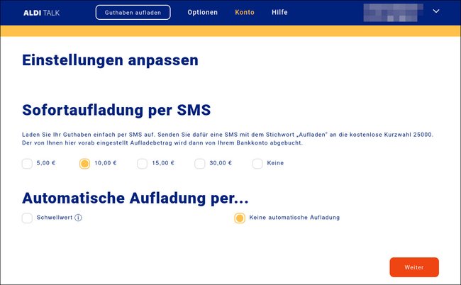 Hier konfiguriert ihr die Aufladung per SMS. (Bildquelle: GIGA)