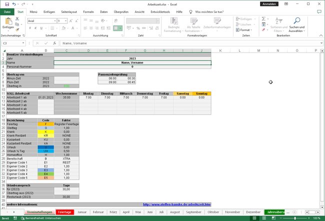 Screenshot der Excel-Arbeitszeiterfassung