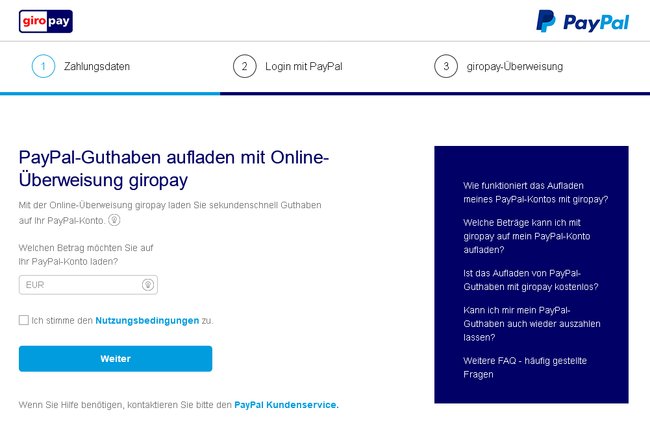 Screenshot der Seite giro2.de, auf der man mit giropay Geld bei Paypal einzahlen kann.