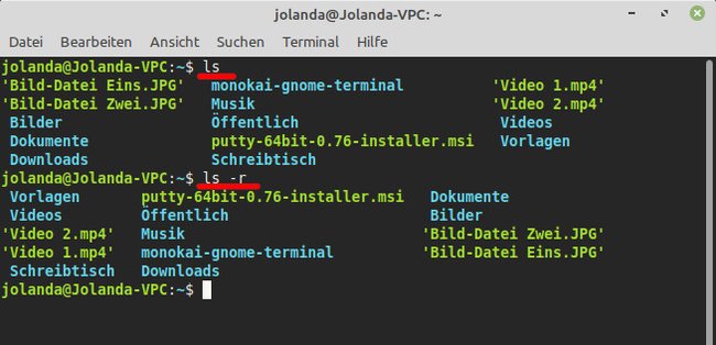 Der Befehl „ls -r“ gibt die Liste umgekehrt alphabetisch aus. (Bildquelle: GIGA)