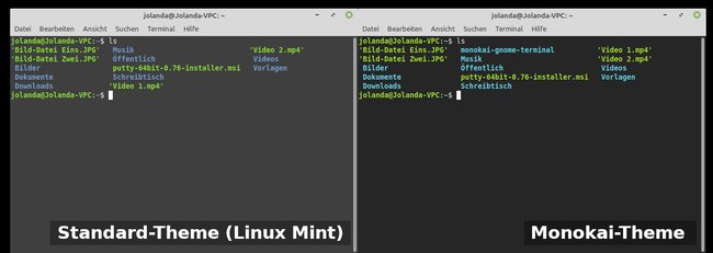 Links die Standardfarben des Terminals aus Linux Mint. Rechts das Monkai-Theme. (Bildquelle: GIGA)