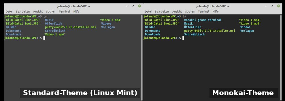 Links die Standardfarben des Terminals aus Linux Mint. Rechts das Monkai-Theme. Bild: GIGA