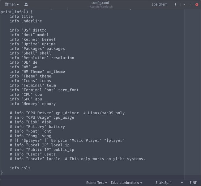 Die Konfigurationsdatei von Neofetch lässt sich beliebig anpassen. Bild: GIGA