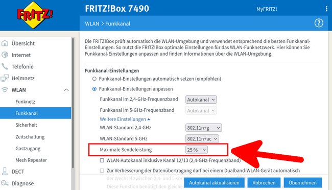 Hier stellt ihr die maximale Sendeleistung der Fritzbox ein: GIGA