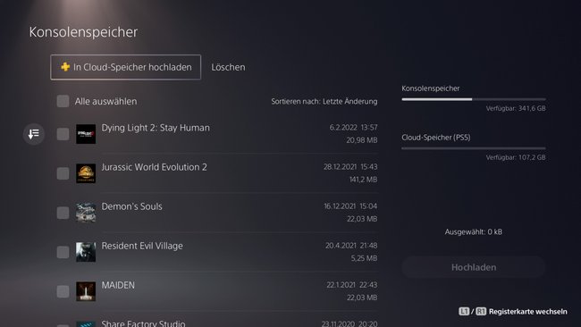 Konsolenspeicher der PS5 im Menü