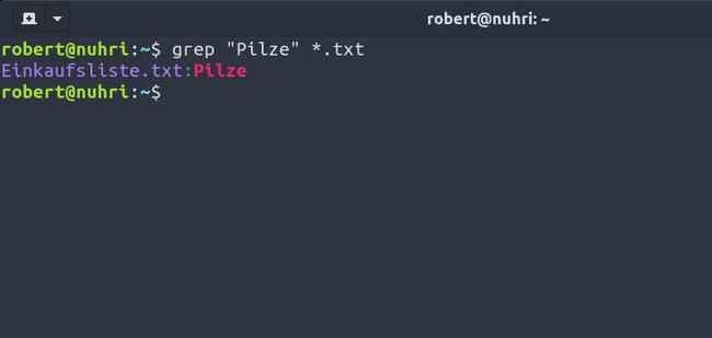 Hier zeigt grep alle Dateien an, in denen der Text „Pilze“ vorkommt. Bild: GIGA