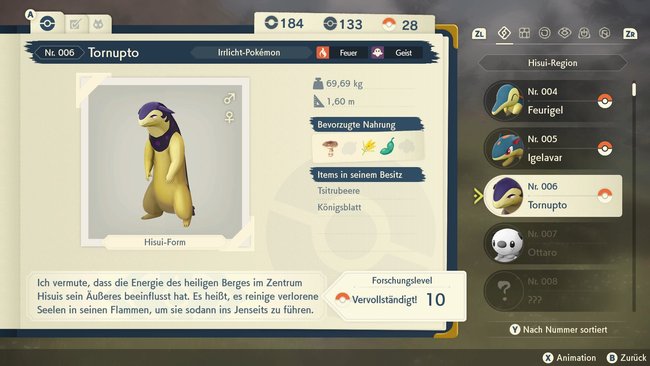 Die Pokédex-Einträge geben euch nützliche Infos wie bevorzugte Nahrung und Items der Pokémon (Pokémon-Legenden: Arceus).