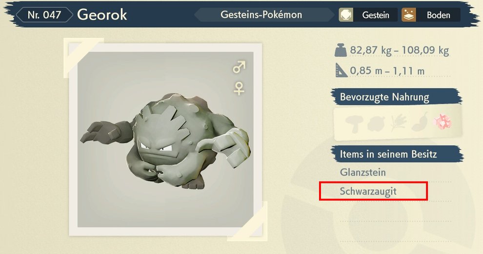 Georok is very common in the game world and carries Black Augite (Pokémon Legends: Arceus).