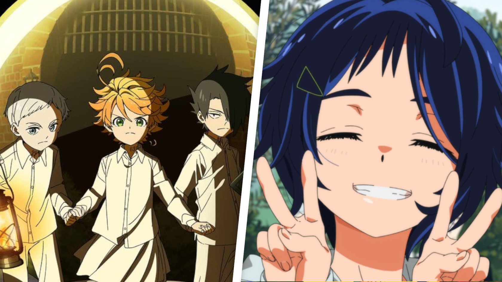 Im Bild zu sehen ist ein Bild von The Promised Neverland und eines von Wonder Egg Priority.