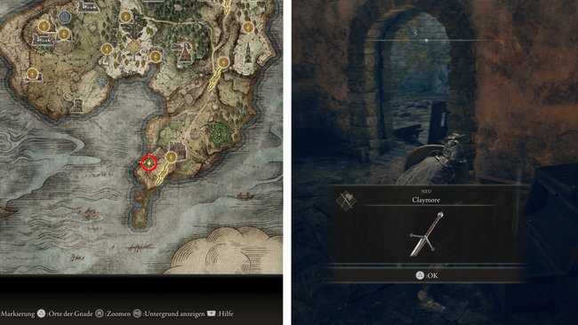 Das Claymore liegt links in der Kiste nach Betreten eines der Innenräume (Elden Ring).