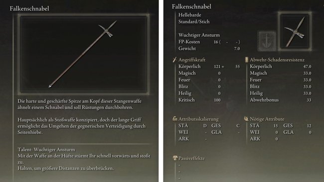 Eigenschaften und Werte vom Falkenschnabel (Elden Ring).