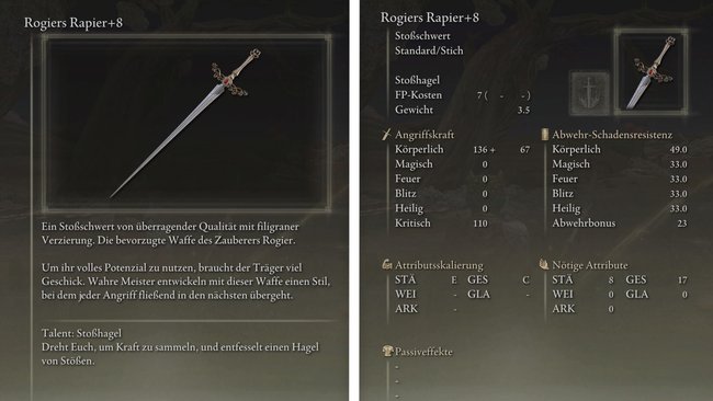 Eigenschaften und Werte von Rogiers Rapier +8 (Elden Ring).