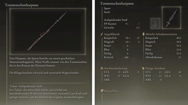 Eigenschaften und Werte der Tonmenschenharpune (Elden Ring).