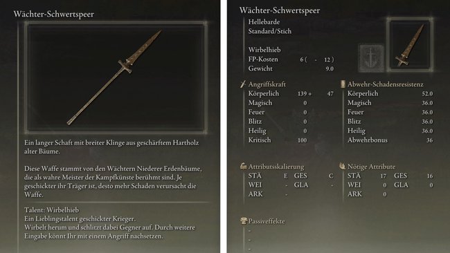 Eigenschaften und Werte vom Wächter-Schwertspeer (Elden Ring).