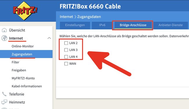 Hier aktiviert ihr jetzt den Bridge-Modus für einzelne LAN-Ports. (Bild: ubiquiti-networks-forum.de)