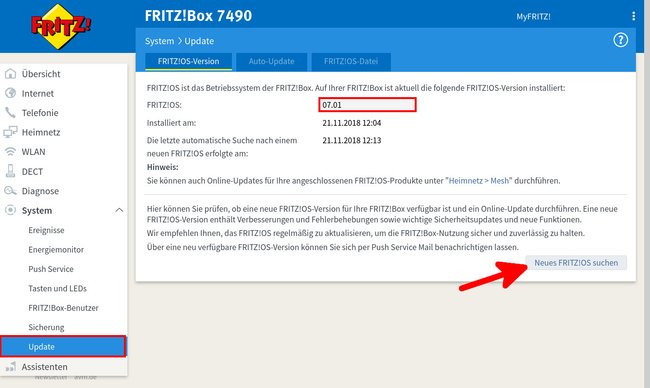 Hier seht ihr die installierte Frtiz-OS-Version und könnt nach Updates suchen. (Bild: GIGA)