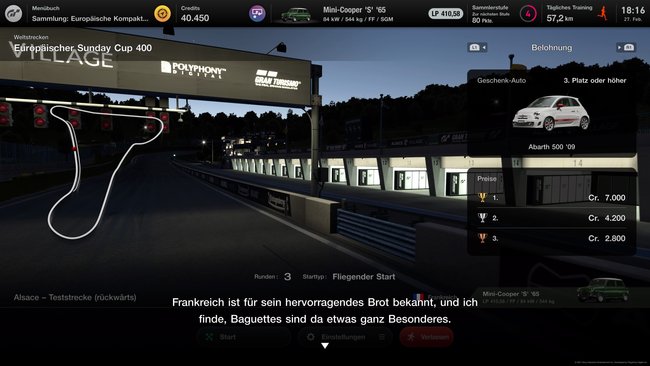 Oui, Oui, Frankreich = Baguette. Die NPC-Dialoge sind teilweise schwer zu ertragen. Aber es gibt oft auch interessantere Infos (Gran Turismo 7).