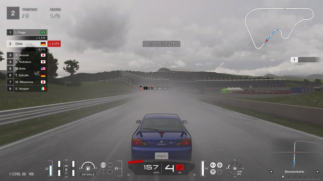 Bei Regen wird die Sicht schlecht und das Fahrverhalten verändert sich spürbar (Gran Turismo 7).