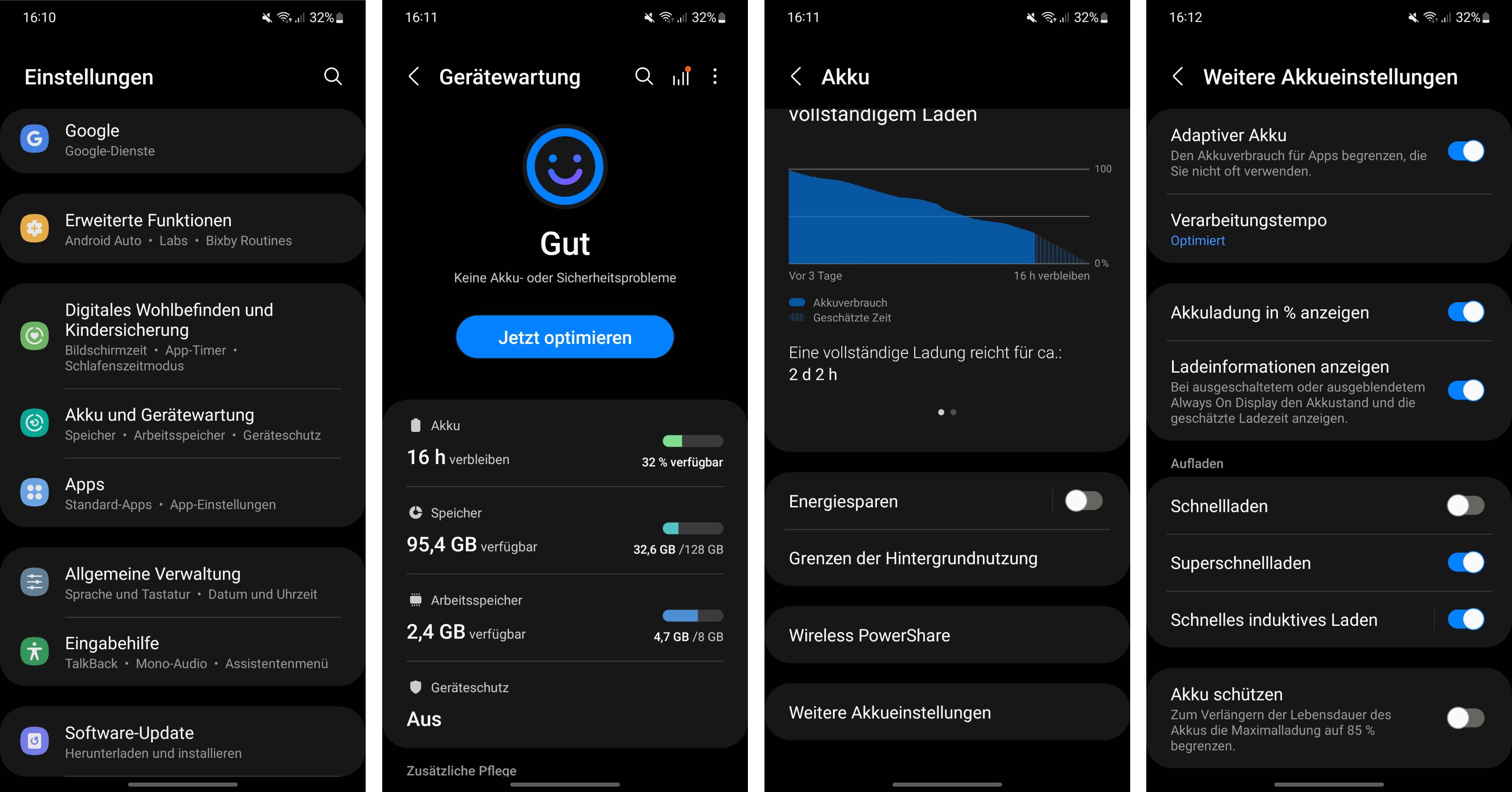Экран смартфона Samsung с включенной опцией защиты аккумулятора
