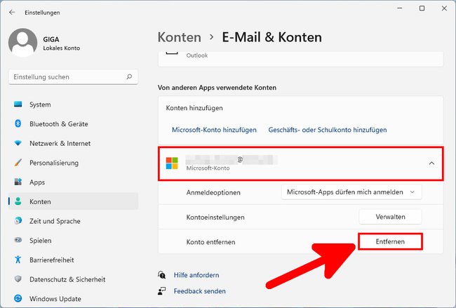 Hier entfernt ihr das hinterlegte Microsoft-Konto aus Windows 11. (Bild: GIGA)