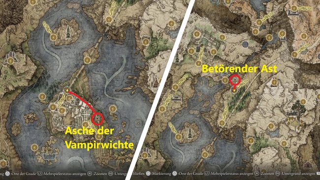 Die Asche der Vampirwichte und Betörende Äste könnt ihr jeweils bei Händlern in Liurnia kaufen (Quelle: Screenshot GIGA).