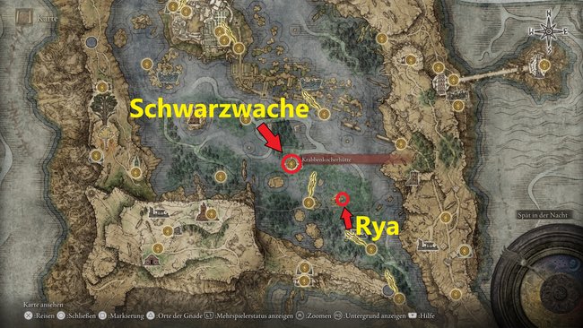 Standorte von Rya und Schwarzwache in Liurnia (Quelle: Screenshot GIGA).