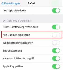 iPad alle Cookies blockieren