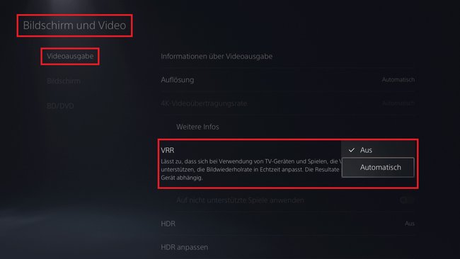 Hier aktiviert ihr das VRR-Feature eurer PS5.