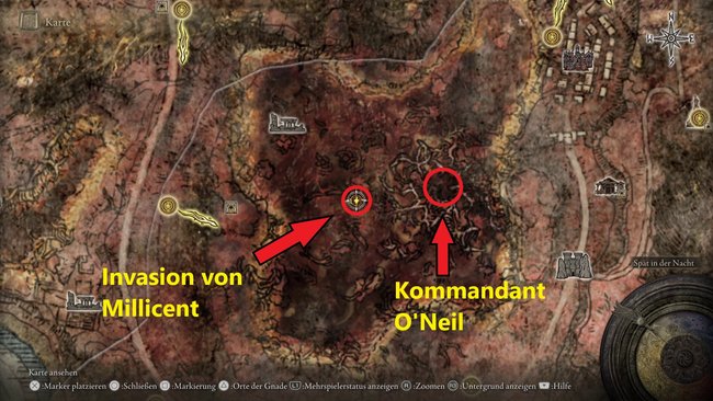 Standorte der NPC-Invasion durch Millicent und von Kommandant O'Neil mit der Reinen Goldnadel (Quelle: Screenshot GIGA).