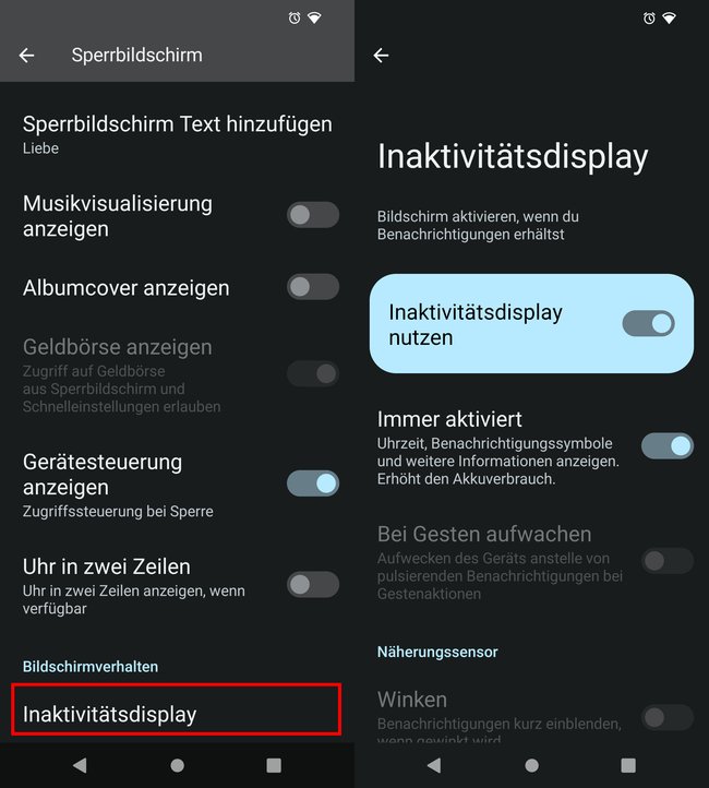 Android 12 zeigt die Funktion unter „Inaktivitätsdisplay“ an. (Bildquelle: GIGA)