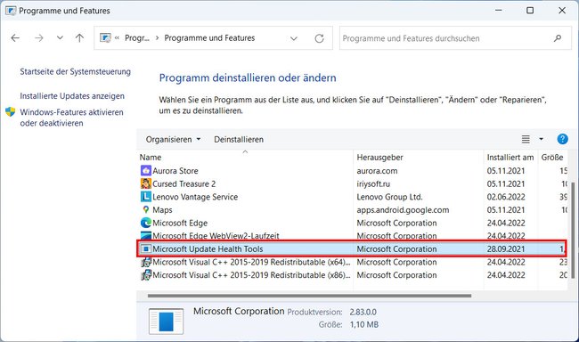 Hier findet und deinstalliert ihr bei Bedarf die „Microsoft Update Health Tools“. (Bildquelle: GIGA)